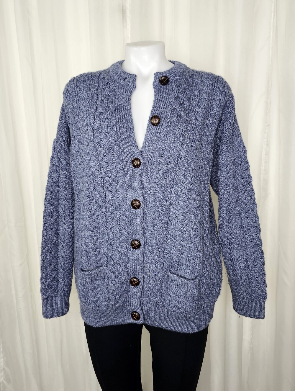 Shannon Woolen Mills 100% Merino Wool Aran Cable Knit Cardigan Marl Blue Large